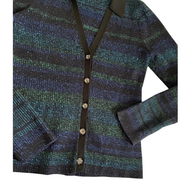 Intermix Sienna Ribbed Metallic Blue Green Striped Lurex Cardigan Collar Stretch - Picture 13 of 14